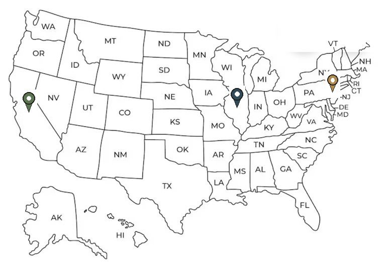 Map of the United States with location pins marking our three main shipping origins: New Jersey, Illinois and California.